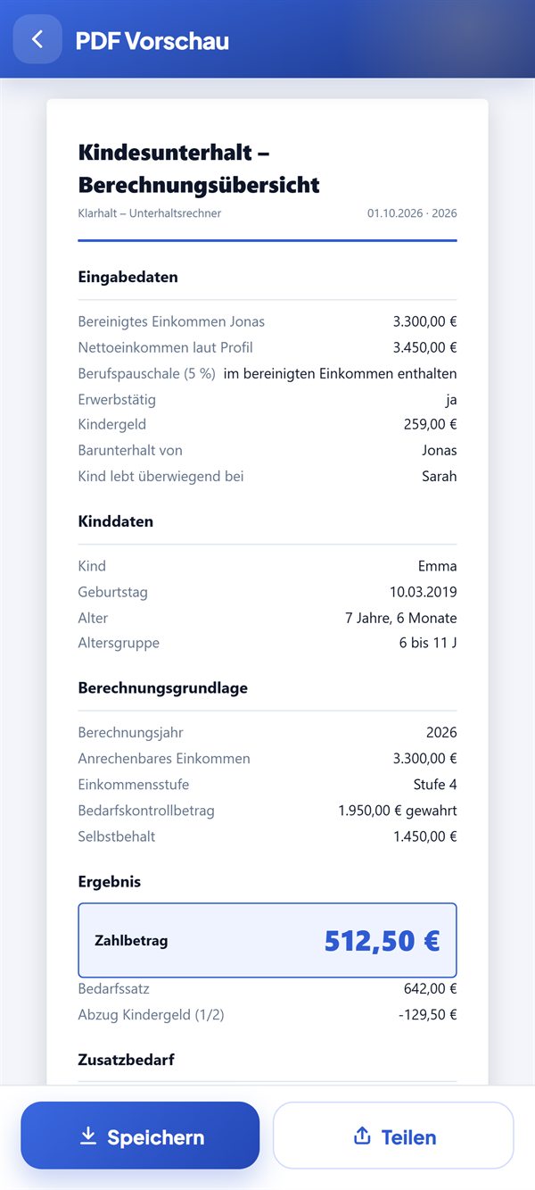 PDF-Vorschau einer Berechnung mit Eingabedaten, Rechenweg und Zahlbetrag 512,50 €