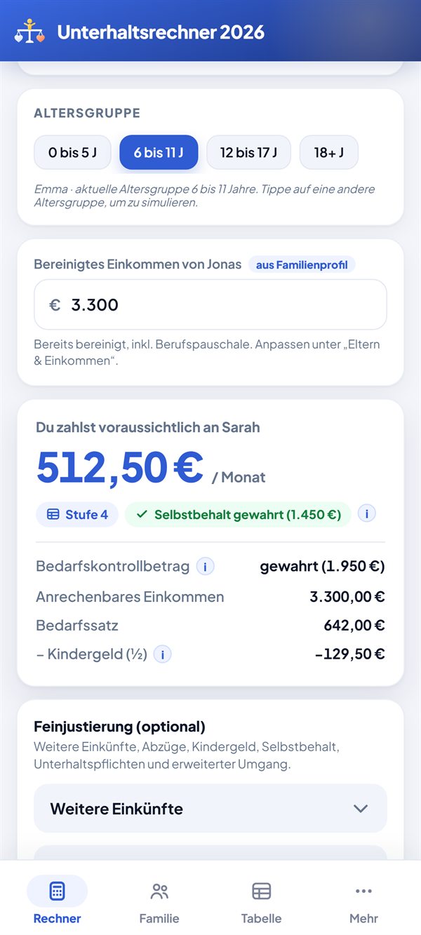 Unterhaltsrechner mit Zahlbetrag 512,50 € pro Monat, Stufe 4, Selbstbehalt gewahrt