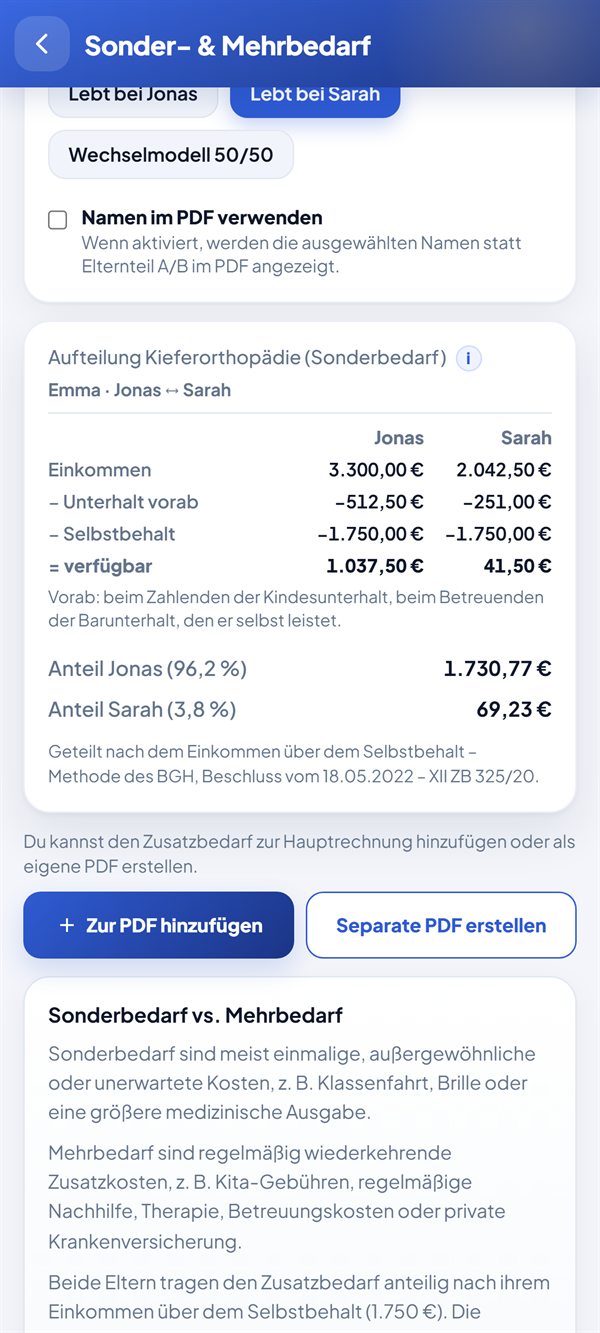 Sonder- und Mehrbedarf anteilig auf beide Eltern verteilt