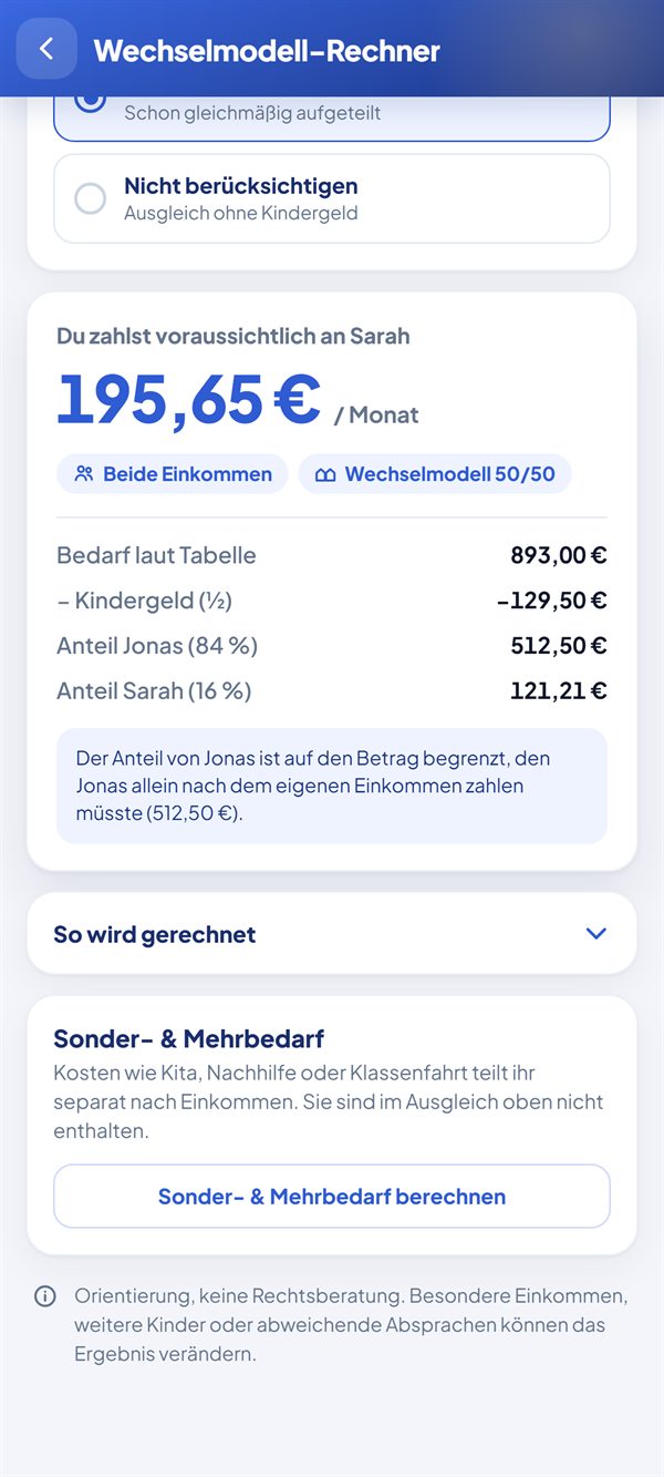 Wechselmodell-Rechner: Ausgleich 195,65 € pro Monat mit Anteilen beider Eltern